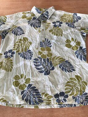 Ono Hawaiian Shirt Men L Green Floral 1/4 Button Up Pocket Pullover Short Sleeve